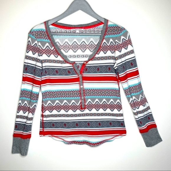 Victoria Secret Striped Thermal Shirt Size S Red Gray V Neck Long Sleeve Warm - Picture 1 of 6
